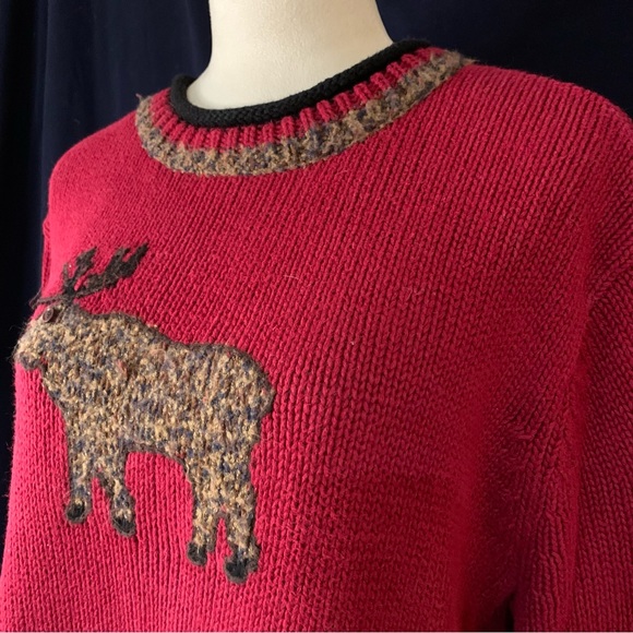 CJ Banks Sz2X red hand embroidered moose sweater black rolled hem&collar - Picture 2 of 10